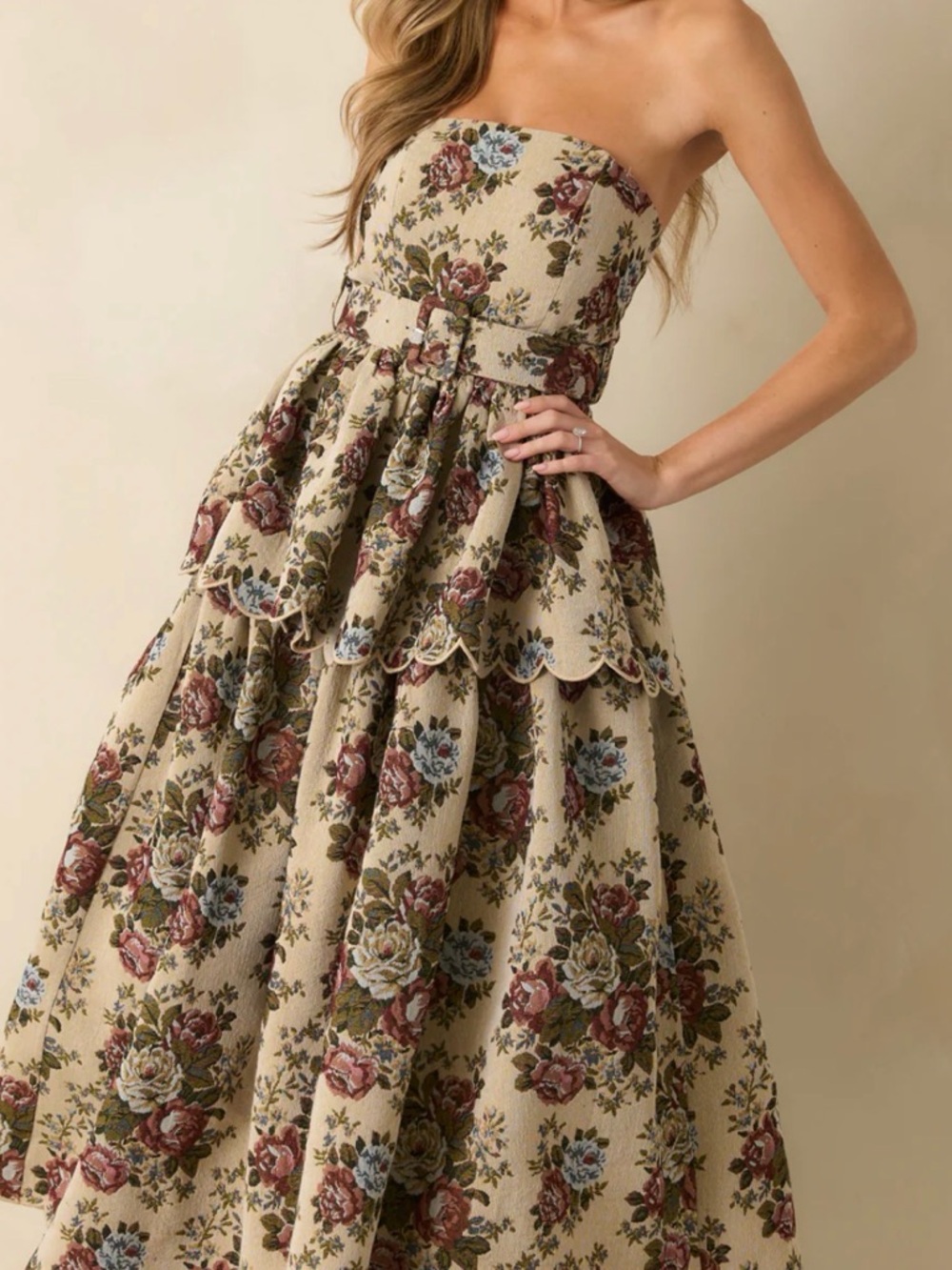 Mable Floral Tapestry Strapless Dress